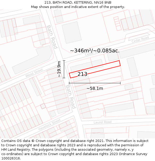 213, BATH ROAD, KETTERING, NN16 9NB: Plot and title map