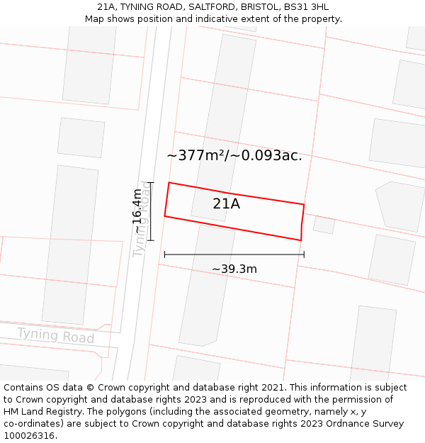 21A, TYNING ROAD, SALTFORD, BRISTOL, BS31 3HL: Plot and title map