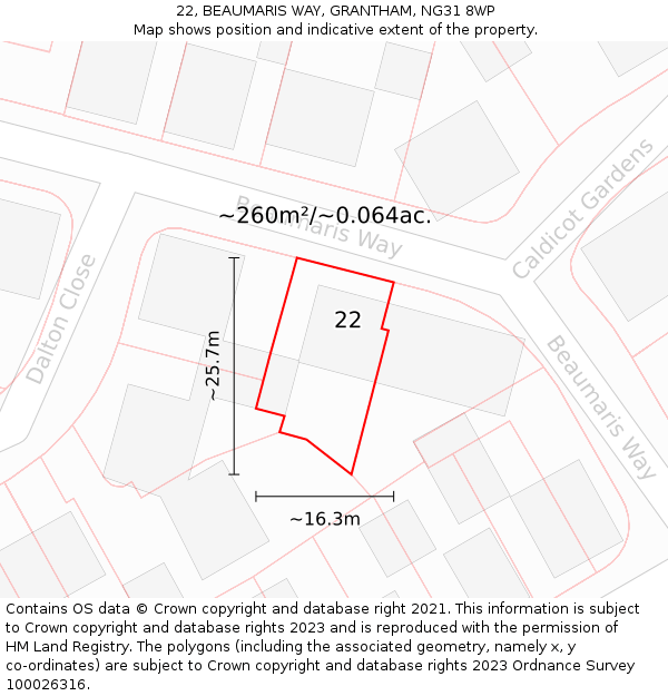22, BEAUMARIS WAY, GRANTHAM, NG31 8WP: Plot and title map