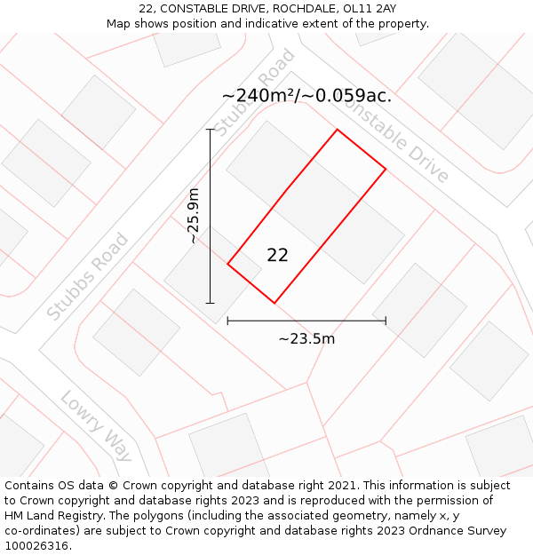 22, CONSTABLE DRIVE, ROCHDALE, OL11 2AY: Plot and title map