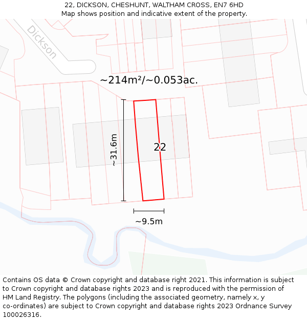 22, DICKSON, CHESHUNT, WALTHAM CROSS, EN7 6HD: Plot and title map
