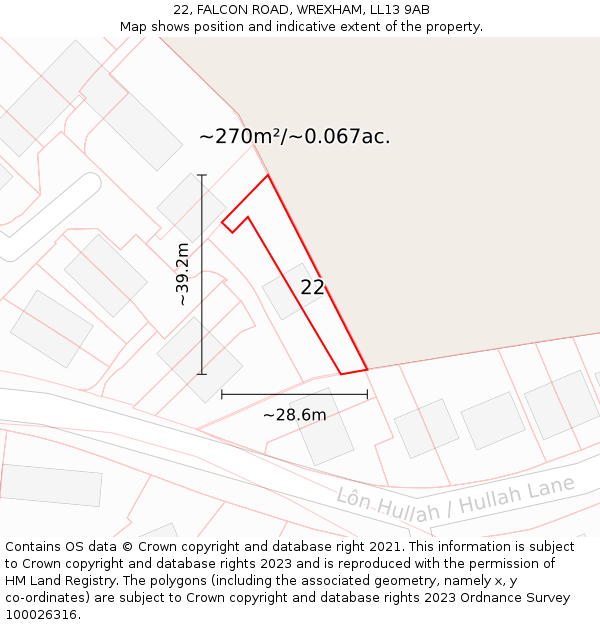 22, FALCON ROAD, WREXHAM, LL13 9AB: Plot and title map