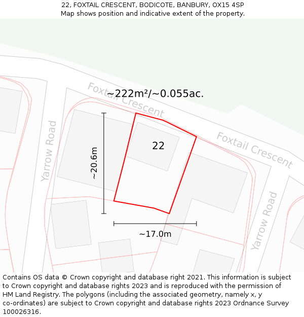 22, FOXTAIL CRESCENT, BODICOTE, BANBURY, OX15 4SP: Plot and title map