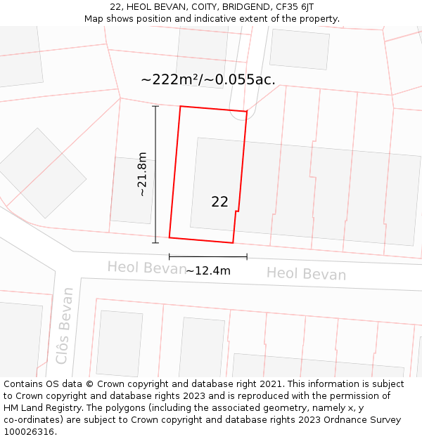 22, HEOL BEVAN, COITY, BRIDGEND, CF35 6JT: Plot and title map