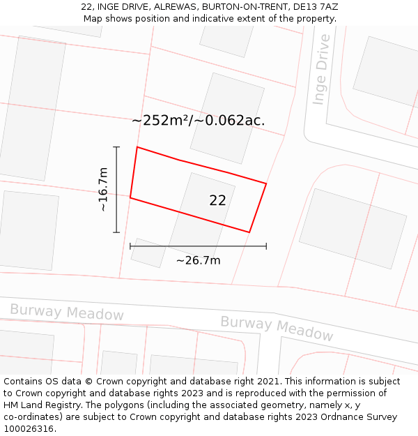 22, INGE DRIVE, ALREWAS, BURTON-ON-TRENT, DE13 7AZ: Plot and title map