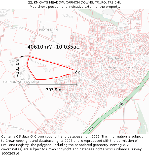 22, KNIGHTS MEADOW, CARNON DOWNS, TRURO, TR3 6HU: Plot and title map