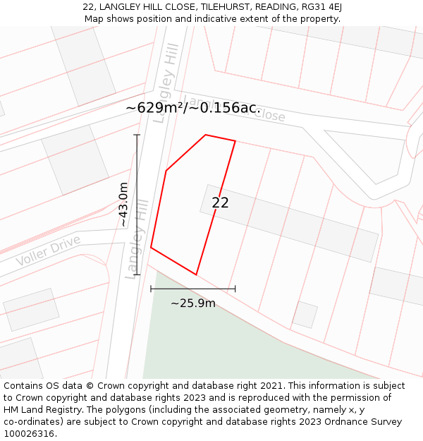 22, LANGLEY HILL CLOSE, TILEHURST, READING, RG31 4EJ: Plot and title map