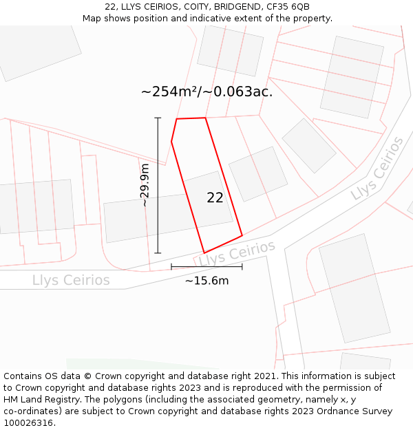 22, LLYS CEIRIOS, COITY, BRIDGEND, CF35 6QB: Plot and title map