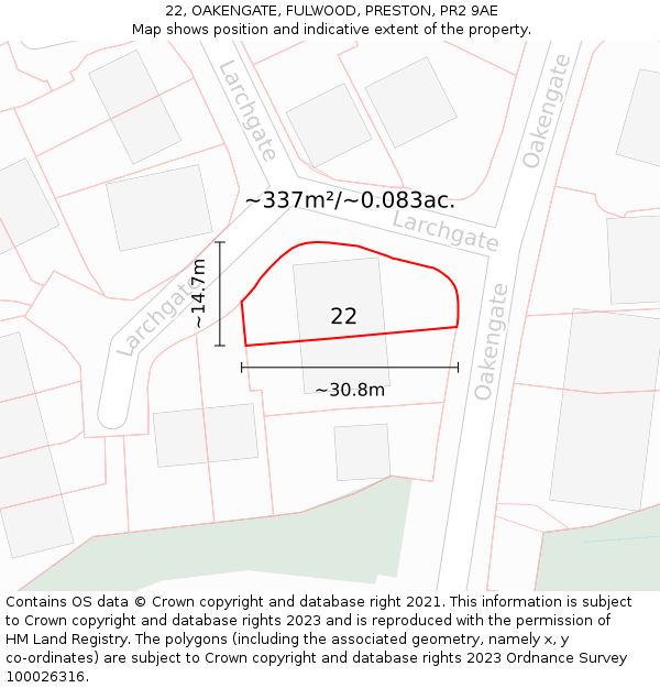 22, OAKENGATE, FULWOOD, PRESTON, PR2 9AE: Plot and title map