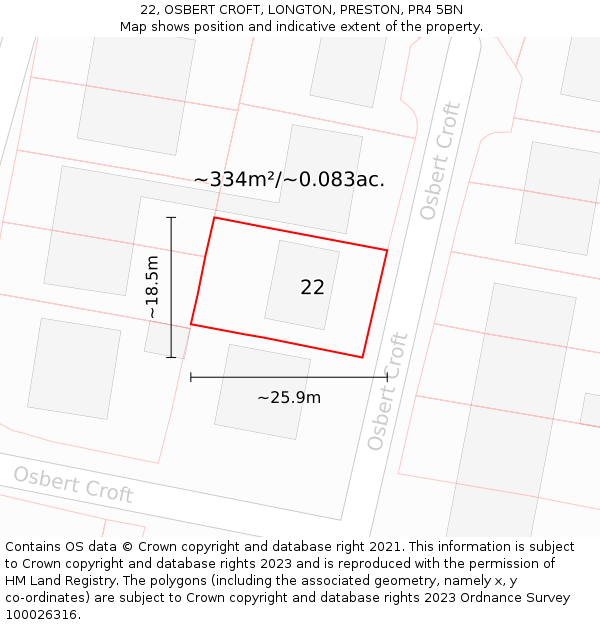 22, OSBERT CROFT, LONGTON, PRESTON, PR4 5BN: Plot and title map