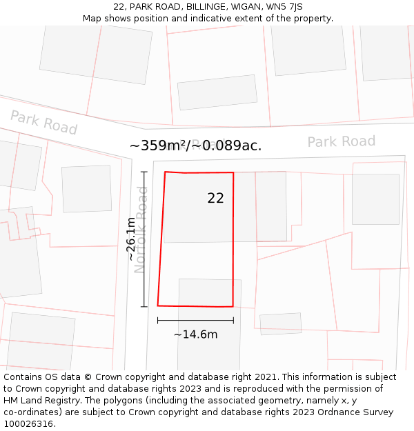 22, PARK ROAD, BILLINGE, WIGAN, WN5 7JS: Plot and title map