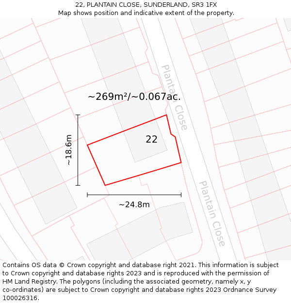 22, PLANTAIN CLOSE, SUNDERLAND, SR3 1FX: Plot and title map