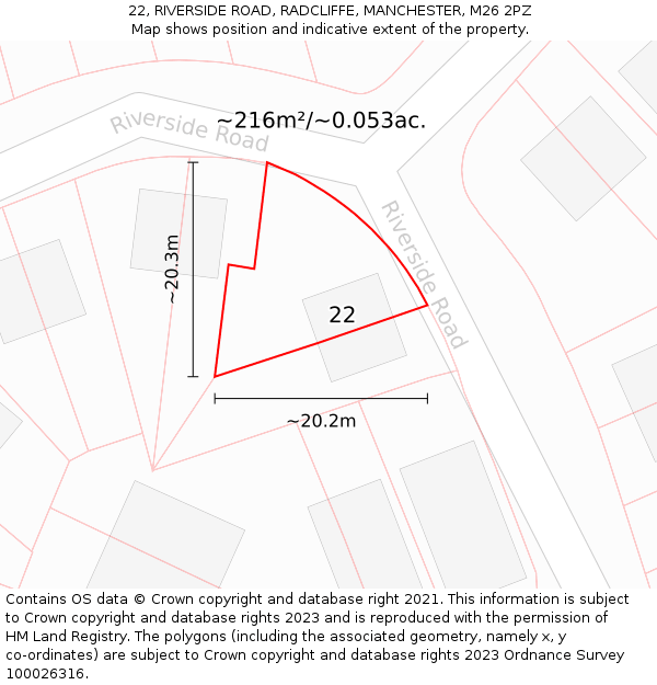 22, RIVERSIDE ROAD, RADCLIFFE, MANCHESTER, M26 2PZ: Plot and title map