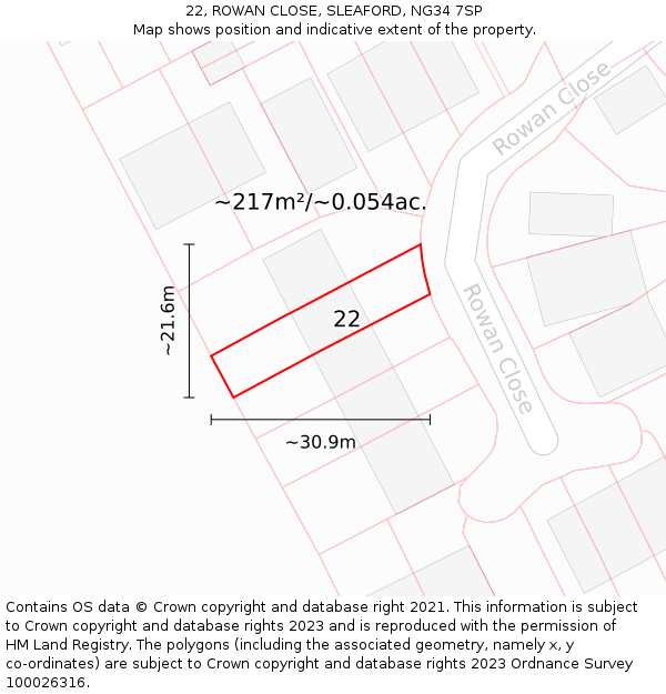 22, ROWAN CLOSE, SLEAFORD, NG34 7SP: Plot and title map