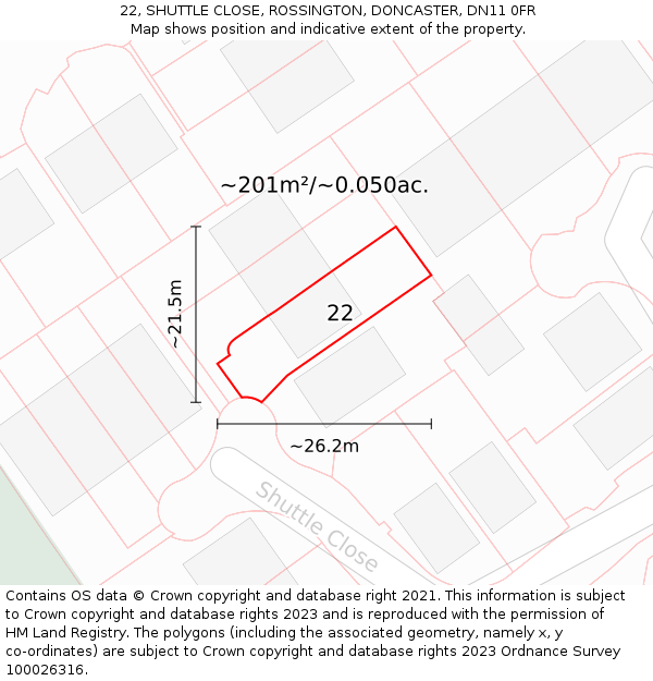 22, SHUTTLE CLOSE, ROSSINGTON, DONCASTER, DN11 0FR: Plot and title map