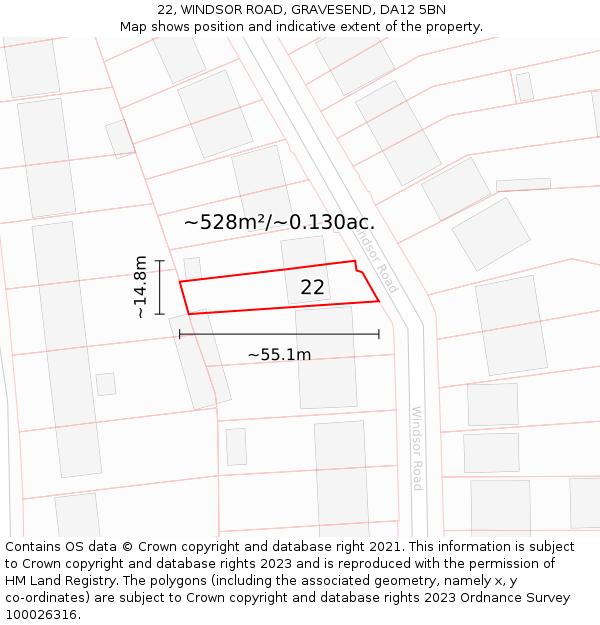 22, WINDSOR ROAD, GRAVESEND, DA12 5BN: Plot and title map