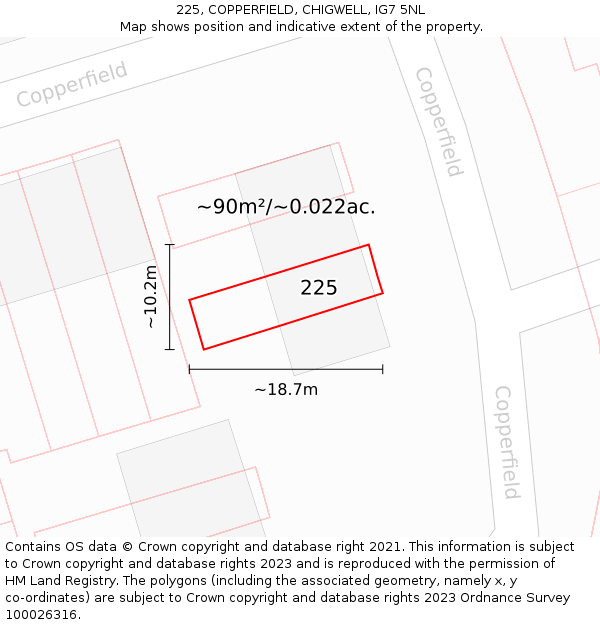 225, COPPERFIELD, CHIGWELL, IG7 5NL: Plot and title map