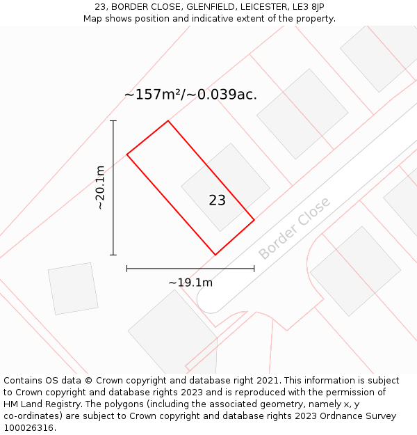 23, BORDER CLOSE, GLENFIELD, LEICESTER, LE3 8JP: Plot and title map
