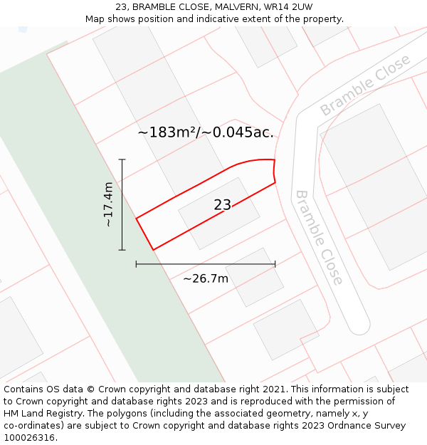 23, BRAMBLE CLOSE, MALVERN, WR14 2UW: Plot and title map