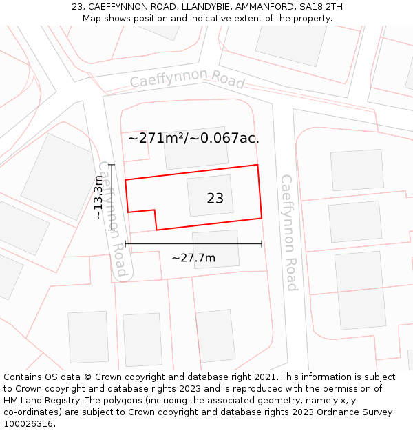 23, CAEFFYNNON ROAD, LLANDYBIE, AMMANFORD, SA18 2TH: Plot and title map