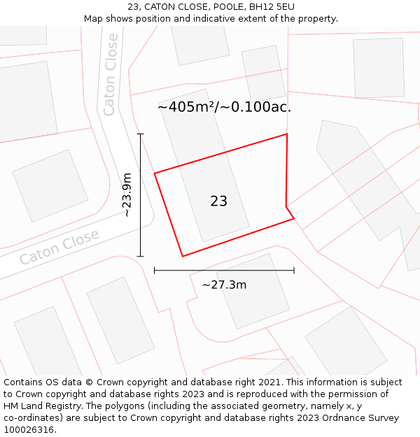 23, CATON CLOSE, POOLE, BH12 5EU: Plot and title map