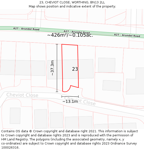 23, CHEVIOT CLOSE, WORTHING, BN13 2LL: Plot and title map