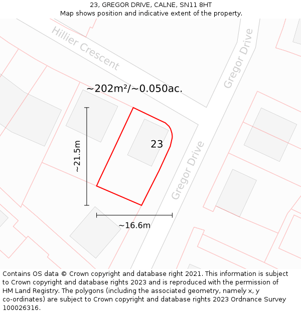 23, GREGOR DRIVE, CALNE, SN11 8HT: Plot and title map