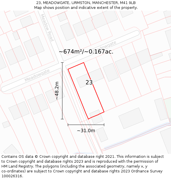 23, MEADOWGATE, URMSTON, MANCHESTER, M41 9LB: Plot and title map