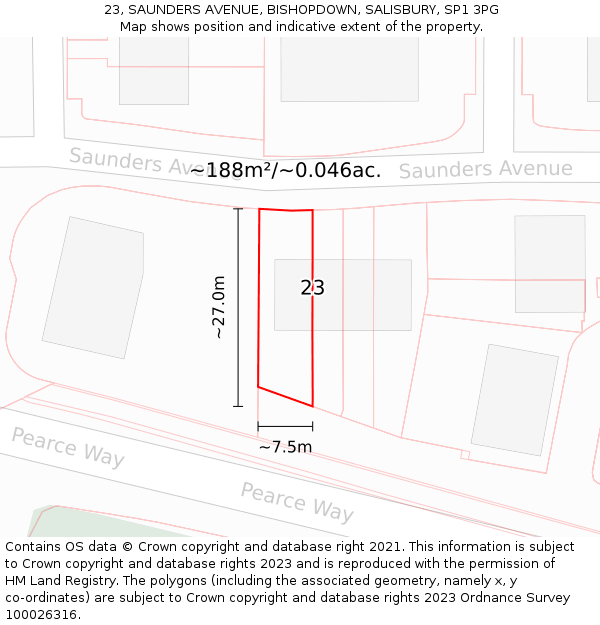 23, SAUNDERS AVENUE, BISHOPDOWN, SALISBURY, SP1 3PG: Plot and title map