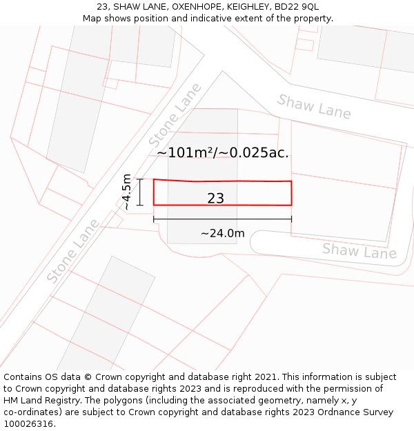 23, SHAW LANE, OXENHOPE, KEIGHLEY, BD22 9QL: Plot and title map
