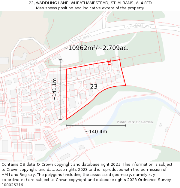 23, WADDLING LANE, WHEATHAMPSTEAD, ST. ALBANS, AL4 8FD: Plot and title map