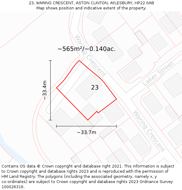23, WARING CRESCENT, ASTON CLINTON, AYLESBURY, HP22 0AB: Plot and title map