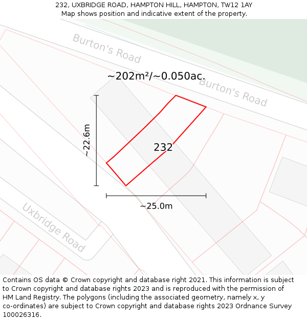 232, UXBRIDGE ROAD, HAMPTON HILL, HAMPTON, TW12 1AY: Plot and title map