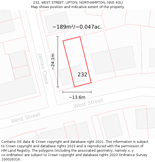 232, WEST STREET, UPTON, NORTHAMPTON, NN5 4GU: Plot and title map