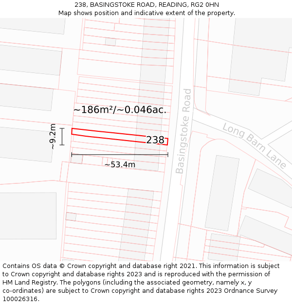 238, BASINGSTOKE ROAD, READING, RG2 0HN: Plot and title map
