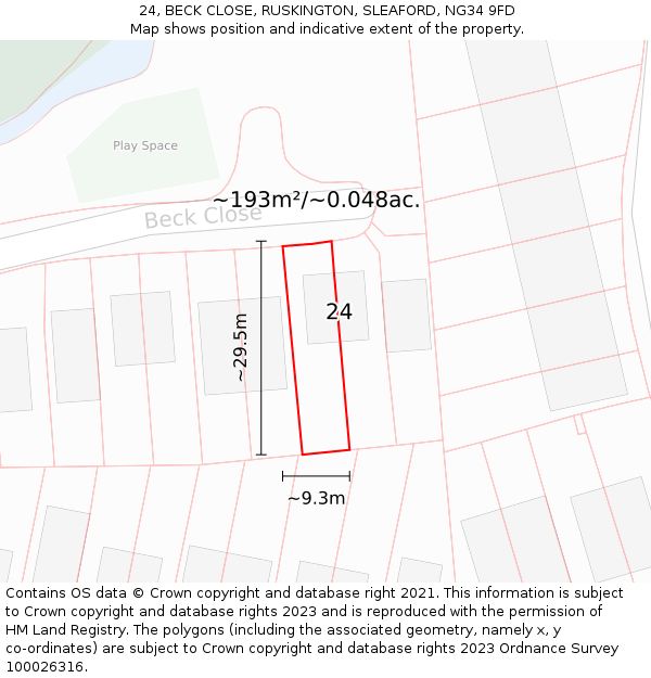 24, BECK CLOSE, RUSKINGTON, SLEAFORD, NG34 9FD: Plot and title map