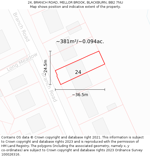 24, BRANCH ROAD, MELLOR BROOK, BLACKBURN, BB2 7NU: Plot and title map