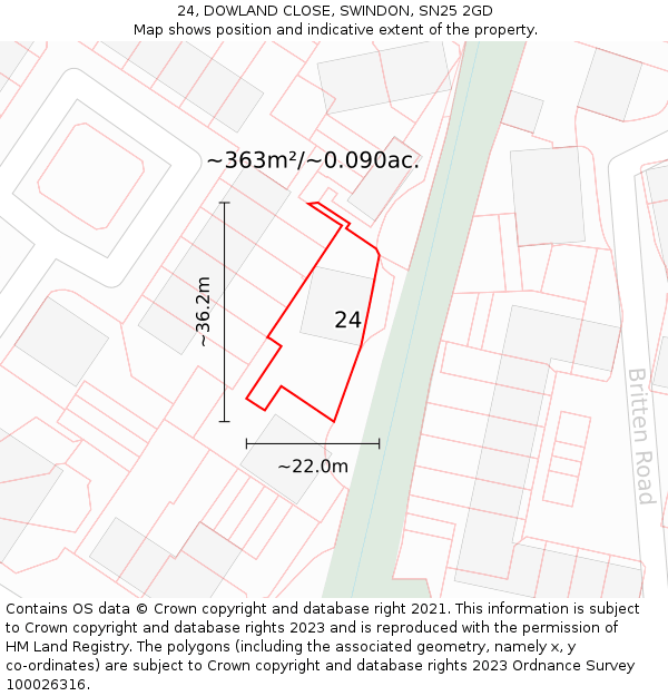 24, DOWLAND CLOSE, SWINDON, SN25 2GD: Plot and title map