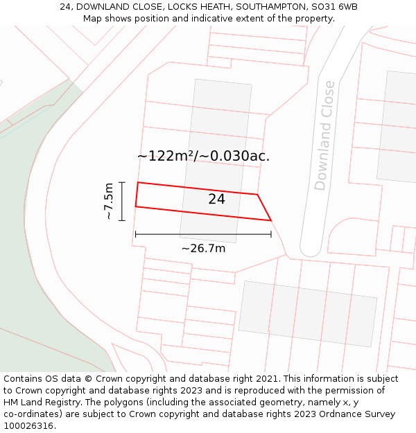 24, DOWNLAND CLOSE, LOCKS HEATH, SOUTHAMPTON, SO31 6WB: Plot and title map