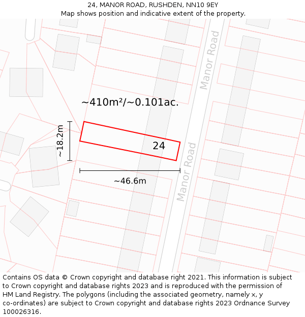 24, MANOR ROAD, RUSHDEN, NN10 9EY: Plot and title map
