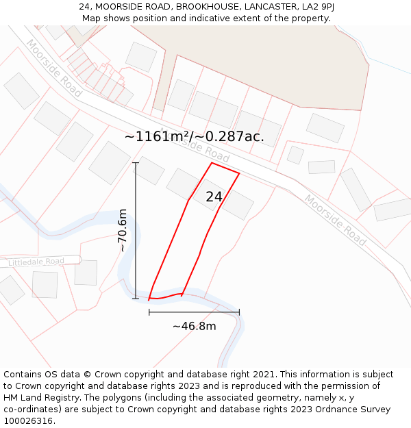 24, MOORSIDE ROAD, BROOKHOUSE, LANCASTER, LA2 9PJ: Plot and title map