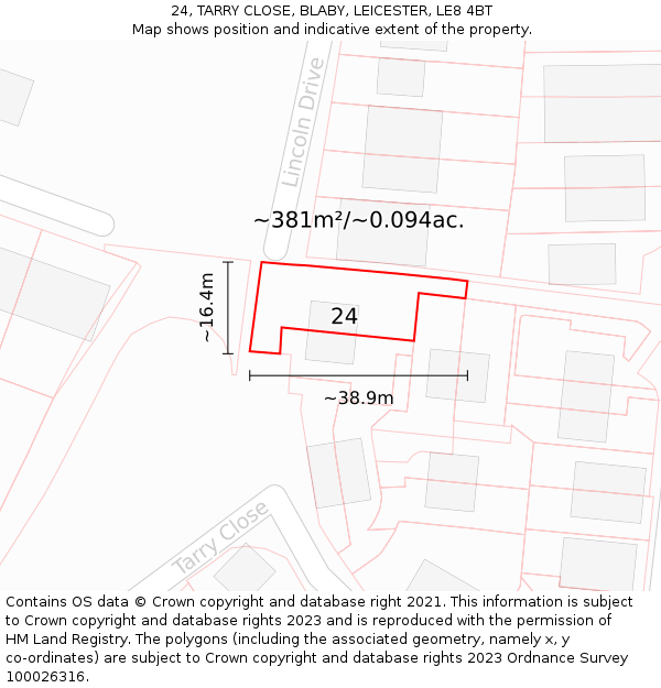24, TARRY CLOSE, BLABY, LEICESTER, LE8 4BT: Plot and title map