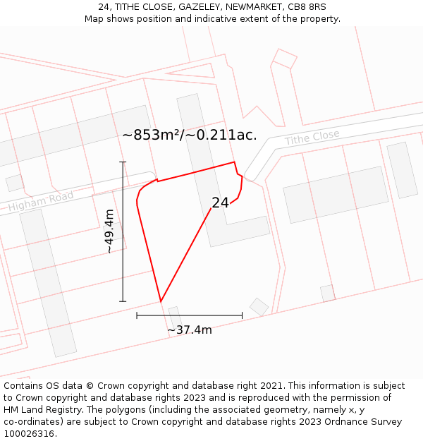 24, TITHE CLOSE, GAZELEY, NEWMARKET, CB8 8RS: Plot and title map