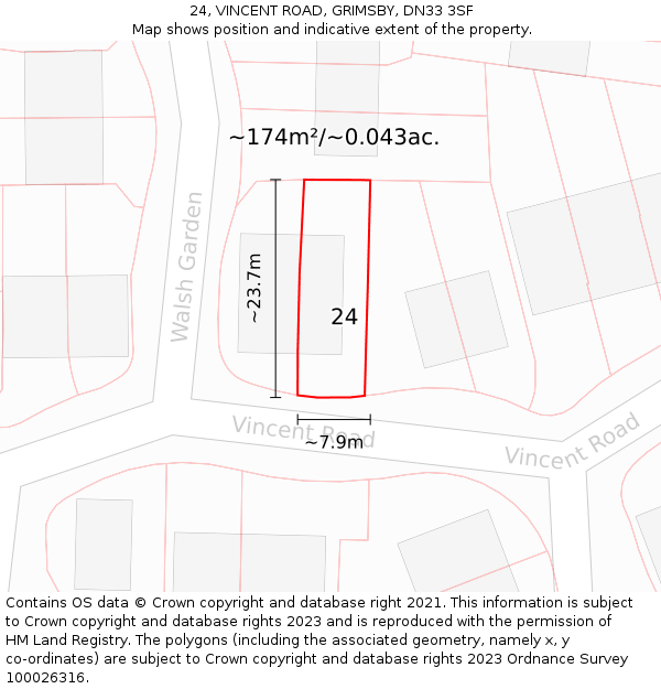 24, VINCENT ROAD, GRIMSBY, DN33 3SF: Plot and title map