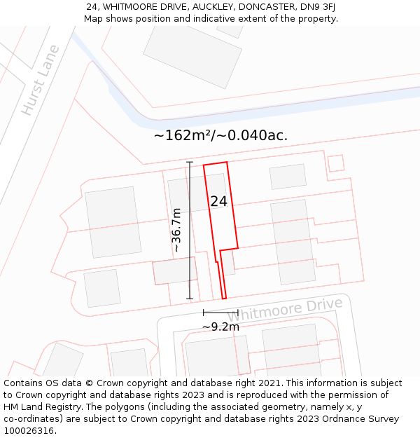 24, WHITMOORE DRIVE, AUCKLEY, DONCASTER, DN9 3FJ: Plot and title map