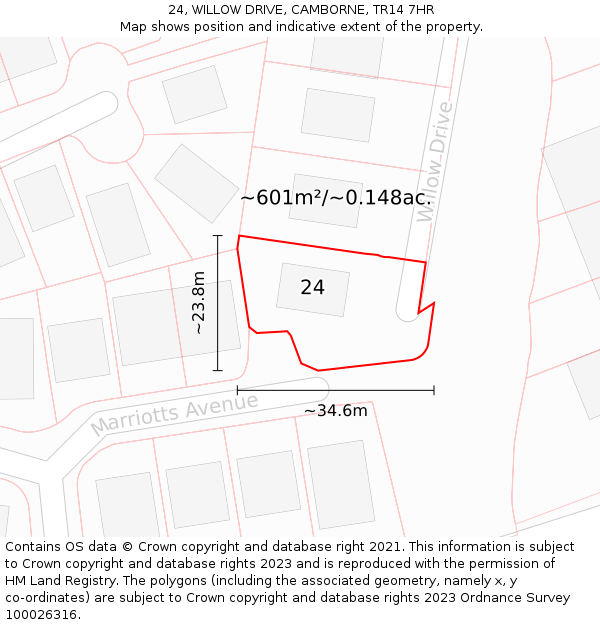 24, WILLOW DRIVE, CAMBORNE, TR14 7HR: Plot and title map