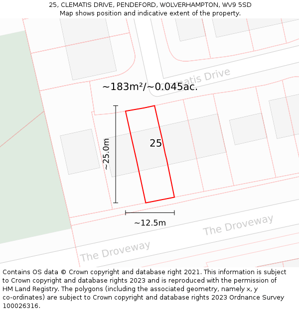 25, CLEMATIS DRIVE, PENDEFORD, WOLVERHAMPTON, WV9 5SD: Plot and title map