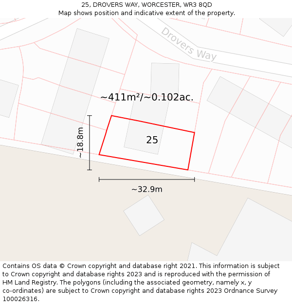 25, DROVERS WAY, WORCESTER, WR3 8QD: Plot and title map