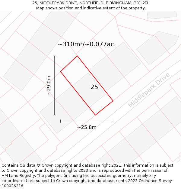 25, MIDDLEPARK DRIVE, NORTHFIELD, BIRMINGHAM, B31 2FL: Plot and title map