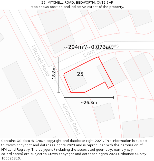 25, MITCHELL ROAD, BEDWORTH, CV12 9HP: Plot and title map